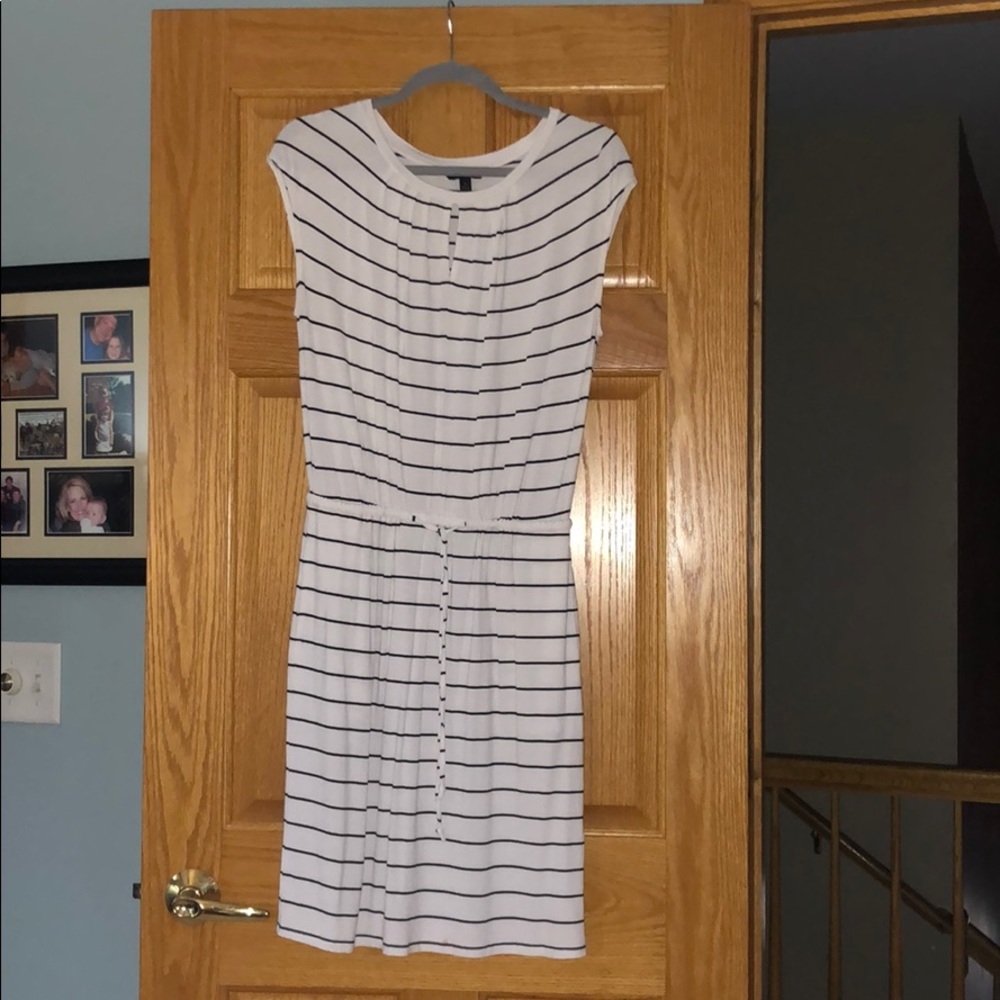 Navy blue and white pinstriped dress